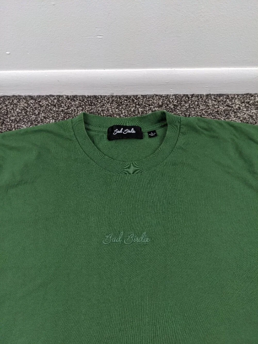 Bad Birdie T-Shirt Script Spellout Embroidered Green Mens Large